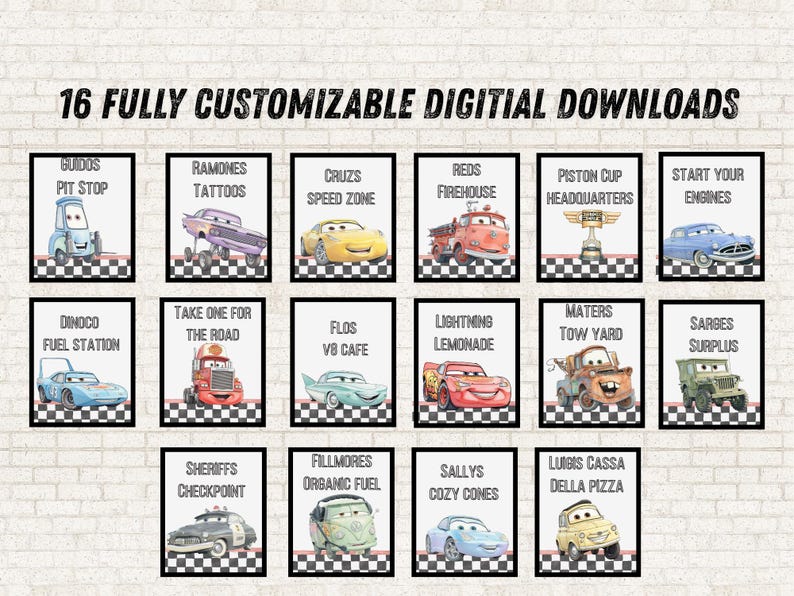 Puede incluir: Una colecci&oacute;n de 16 descargas digitales totalmente personalizables que presentan varios personajes y lugares de la franquicia Cars, cada uno en un marco cuadrado con borde a cuadros y etiquetas de texto descriptivas para se&ntilde;alizaci&oacute;n tem&aacute;tica.