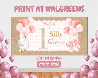 One Silly Goose Birthday Banner (24inx48in), Digital Download, Editable Template