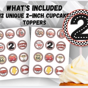 Puede incluir: Un juego de 12 adornos para cupcakes de 5 cm con temas de coches de carreras, que incluyen el n&uacute;mero 2, se&ntilde;ales de la Ruta 66, rayos y gr&aacute;ficos de personajes. Los dise&ntilde;os circulares tienen bordes a cuadros blancos y negros.