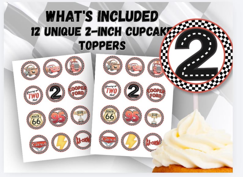 Puede incluir: Un juego de 12 adornos para cupcakes de 5 cm con temas de coches de carreras, que incluyen el n&uacute;mero 2, se&ntilde;ales de la Ruta 66, rayos y gr&aacute;ficos de personajes. Los dise&ntilde;os circulares tienen bordes a cuadros blancos y negros.