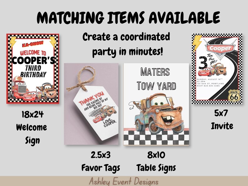 May include: A collection of party stationery featuring race car graphics, including an 18x24 welcome sign, 2.5x3 favor tags with twine, an 8x10 table sign labeled Maters Tow Yard, and a 5x7 invitation with the text Cooper, Two, One, Go.