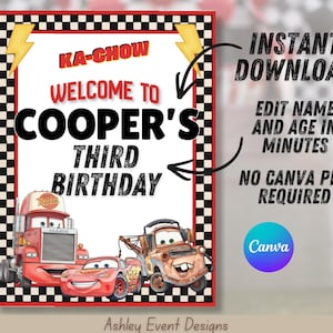 May include: A rectangular birthday party sign with a black and white chequered border, yellow lightning bolts, and the text KA-CHOW WELCOME TO COOPER'S THIRD BIRTHDAY. The bottom features illustrations of a red truck, a red race car, and a brown tow truck.