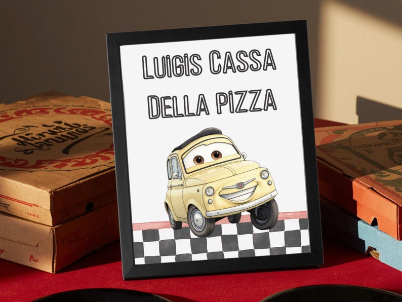 May include: A framed print featuring a cartoon illustration of a light yellow car with large brown eyes and a wide smile. The text "LUIGIS CASSA DELLA PIZZA" is printed in black above the car, which is positioned on a black and white checkered floor.