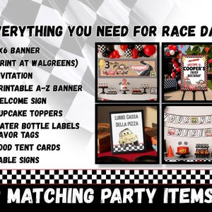 May include: A digital party decoration set featuring a race car theme with a 2x6 banner, invitation, printable A-Z banner, welcome sign, cupcake toppers, water bottle labels, favour tags, food tent cards, and table signs with chequered patterns.