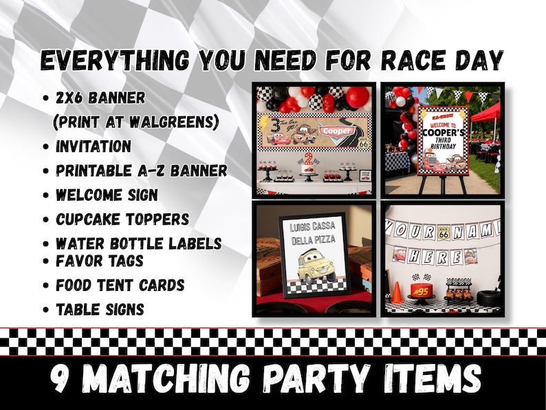 May include: A digital party decoration set featuring a race car theme with a 2x6 banner, invitation, printable A-Z banner, welcome sign, cupcake toppers, water bottle labels, favour tags, food tent cards, and table signs with chequered patterns.