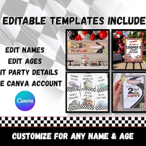 Puede incluir: Un conjunto de siete plantillas de fiesta editables con temas de coches de carreras, patrones de cuadros y gr&aacute;ficos de personajes. Las plantillas incluyen texto para nombres, edades y detalles de la fiesta, para editar con Canva.
