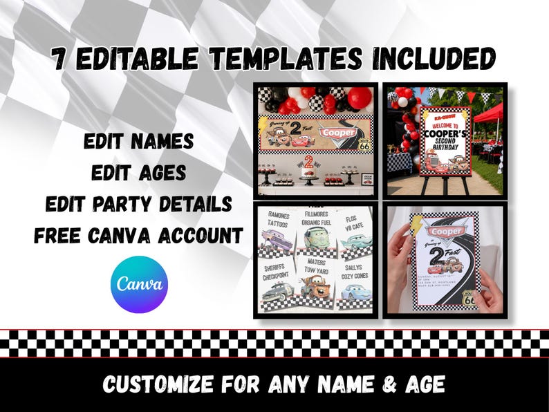 Puede incluir: Un conjunto de siete plantillas de fiesta editables con temas de coches de carreras, patrones de cuadros y gr&aacute;ficos de personajes. Las plantillas incluyen texto para nombres, edades y detalles de la fiesta, para editar con Canva.