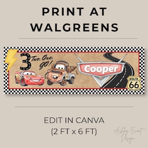 May include: A rectangular banner featuring a black and white checkered border, a red race car, a brown tow truck, a yellow lightning bolt, and a Route 66 sign. The text reads 3 Two. One. go! and Cooper. The banner measures 2 ft x 6 ft.