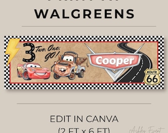 Pancarta de cumpleaños de Cars 2x6, descarga digital, plantilla editable, fiesta de Rayo McQueen, cumpleaños de Mater de Disney (3er cumpleaños)