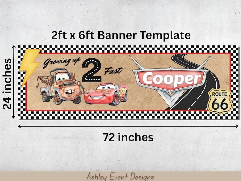 Puede incluir: Una plantilla de pancarta rectangular de 61 cm por 183 cm con un borde a cuadros blanco y negro. Presenta un fondo marr&oacute;n, un rayo amarillo, una gr&uacute;a, un coche de carreras rojo, el texto Growing up 2 Fast, Cooper y Route 66.