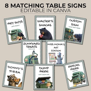 May include: A set of eight rectangular table signs with a black and white checkered border. Each sign features cartoon illustrations of trucks, a bear, a raccoon, and a mouse, with text including Hey Guys, Walter's Snacks, and Custom Sign.