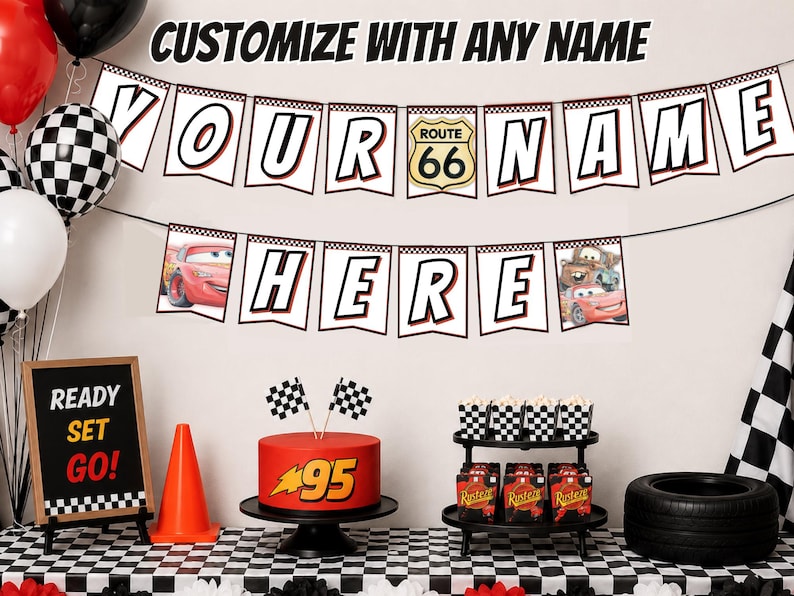 Puede incluir: Una pancarta decorativa de fiesta con banderines blancos que muestran letras negras y rojas que dicen YOUR NAME HERE, incluyendo una se&ntilde;al de la Ruta 66 e im&aacute;genes de coches de carreras rojos. La pancarta cuelga sobre un pastel rojo.