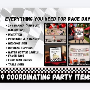 Puede incluir: Un conjunto de art&iacute;culos de fiesta digitales con un borde de cuadros y el texto EVERYTHING YOU NEED FOR RACE DAY y 9 COORDINATING PARTY ITEMS. Incluye elementos como una pancarta de 2x6, invitaci&oacute;n, letrero y adornos para cupcakes.