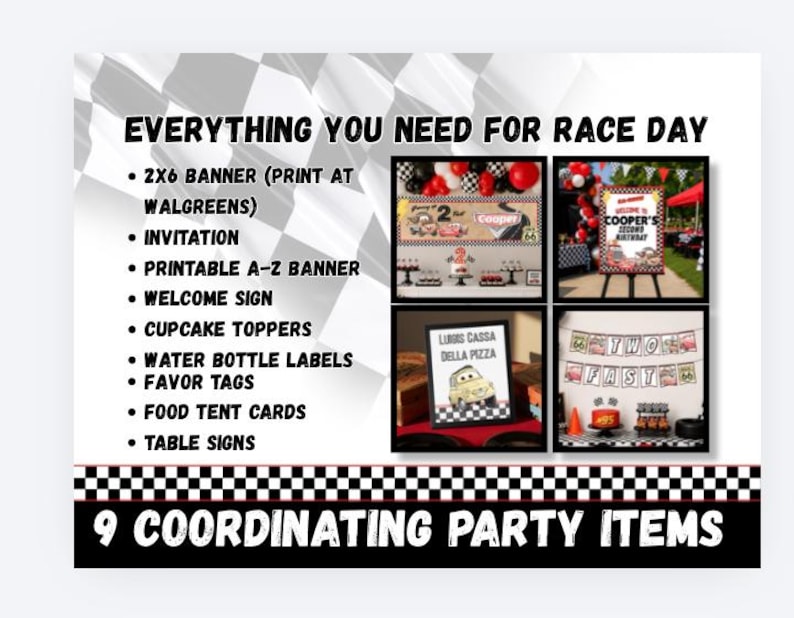 Puede incluir: Un conjunto de art&iacute;culos de fiesta digitales con un borde de cuadros y el texto EVERYTHING YOU NEED FOR RACE DAY y 9 COORDINATING PARTY ITEMS. Incluye elementos como una pancarta de 2x6, invitaci&oacute;n, letrero y adornos para cupcakes.