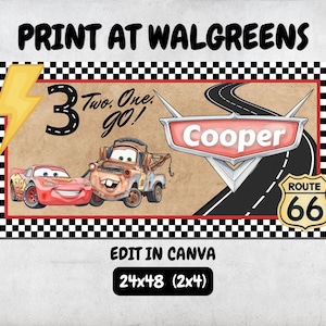 Cars Birthday Banner, Digital Download, Editable Template, Lightning McQueen Party, Disney Mater 3rd Birthday image 1
