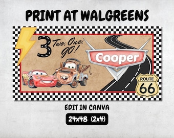Cars Birthday Banner, Digital Download, Editable Template, Lightning McQueen Party, Disney Mater 3rd Birthday