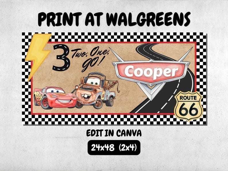 Cars Birthday Banner, Digital Download, Editable Template, Lightning McQueen Party, Disney Mater 3rd Birthday image 1