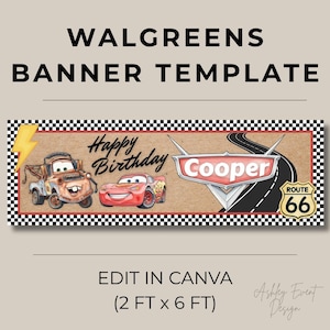 Puede incluir: Una plantilla de pancarta rectangular con borde a cuadros, fondo marrón texturizado, rayo amarillo, grúa marrón, coche de carreras rojo, gráfico de carretera y señal de Ruta 66. Texto: WALGREENS BANNER TEMPLATE, Happy Birthday, Cooper, EDIT IN CANVA, 60 cm x 180 cm.