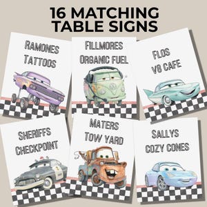 May include: A set of 16 matching table signs featuring illustrations of cartoon cars and locations. Each white sign displays text including Ramones Tattoos, Fillmores Organic Fuel, Flos V8 Cafe, Sheriffs Checkpoint, Maters Tow Yard, and Sallys Cozy Cones.