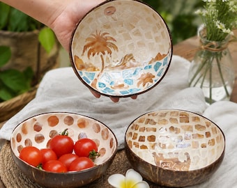 手作りのココナッツシェルボウルセット、環境に優しいボヘミアン風キッチンデコレーション、フルーツスナックボウル、木製スプーン、トロピカル食器、ナチュラルホームギフト
