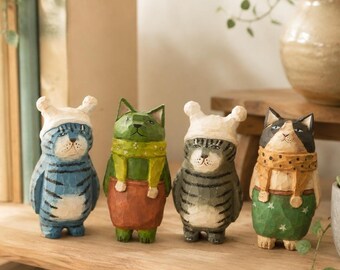 Handgefertigte Holzkatze Figurine | Rustikaler geschnitzter Katzendekor, Boho Schreibtischverzierung, nordische Regaldekoration, Katzenliebhaber Geschenk, Einzigartiges Wohndekor