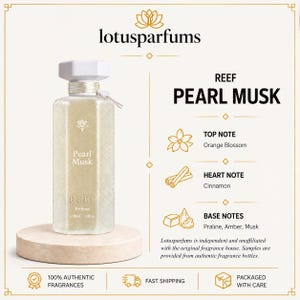 May include: A rectangular glass perfume bottle with a white octagonal cap, labeled Pearl Musk by Reef, containing 100ml or 3.4fl.oz. The text lists orange blossom as the top note, cinnamon as the heart note, and praline, amber, and musk as base notes.