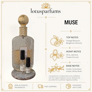 May include: A clear glass perfume bottle with a gold textured neck and round cap, accompanied by two small sample vials labeled 5 ml and 2 ml. The text MUSE is displayed with lists of top, heart, and base notes including orange blossom and vanilla.
