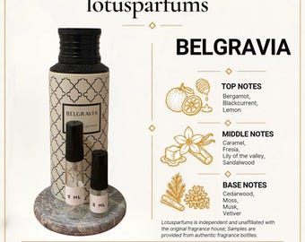 May include: A cylindrical bottle with a cream and black quatrefoil pattern labeled BELGRAVIA, accompanied by two small clear glass vials labeled 5 ML and 2 ML. The text lists fragrance notes including bergamot, lemon, caramel, and cedarwood.