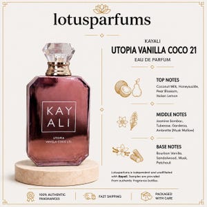 May include: A metallic rose-gold perfume bottle labeled Kayali Utopia Vanilla Coco 21 with a diamond-shaped cap. The text lists top notes of coconut milk, honeysuckle, pear blossom, and lemon; middle notes of jasmine, tuberose, gardenia, and ambrette.