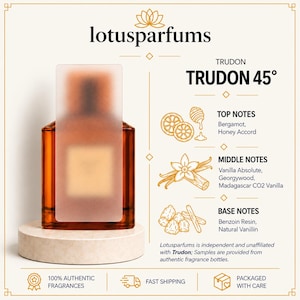 May include: A rectangular amber glass perfume bottle with a frosted label, displayed on a circular beige stand. The graphic lists Trudon 45 fragrance notes: bergamot, honey, vanilla absolute, georgywood, Madagascar CO2 vanilla, benzoin resin, and natural vanillin.