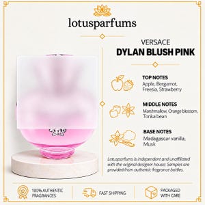 May include: A pink Versace Dylan Blush Pink perfume bottle with a silver emblem, displayed on a marble base. The text lists top notes of apple, bergamot, freesia, and strawberry, middle notes of marshmallow, orange blossom, and tonka bean, and base notes of Madagascar vanilla and musk.