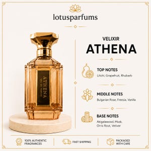 May include: A gold-toned glass perfume bottle labeled ATHENA EAU DE PARFUM by lotusparfums. The text lists top notes of litchi, grapefruit, and rhubarb; middle notes of Bulgarian rose, freesia, and vanilla; and base notes of akigalawood, musk, orris root, and vetiver.