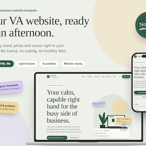 Può includere: Un modello di sito web per assistente virtuale con display di laptop e smartphone. Il testo include Your VA website, ready in an afternoon, No code editor included, Single HTML file, Light & dark, 6 palettes, Mobile-ready.