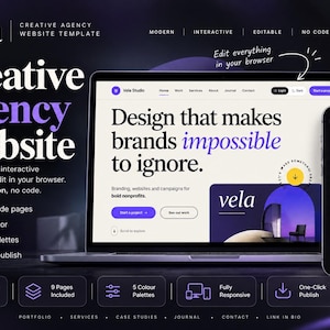 Puede incluir: Una plantilla de sitio web de agencia creativa Vela mostrada en una pantalla de portátil y smartphone. La interfaz presenta el texto Design that makes brands impossible to ignore, con editor integrado, 9 páginas y 5 paletas de colores.