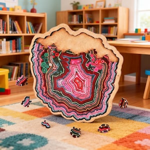 May include: A wooden jigsaw puzzle shaped like a geode, with layers of pink, red, green, and brown. Several puzzle pieces are scattered on a colourful rug. The puzzle is displayed in a room with bookshelves and a wooden table.