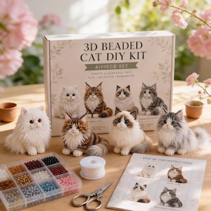 Può includere: Un kit fai-da-te per gatti con perline 3D con più statuette di gatti con perline in vari colori e motivi. Il kit include perline, filo, forbici e istruzioni passo passo. La scatola recita "3D Beaded Cat DIY Kit".
