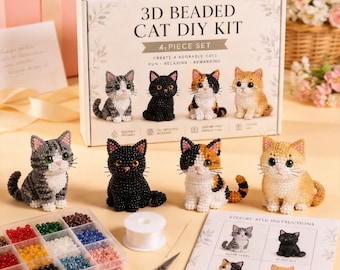 3D Beaded Animal Craft - Cute Cat DIY Kit, Creative Beading Project with Instructions 3D Cat Sculpture DIY, Unique Gift for Cat Lovers