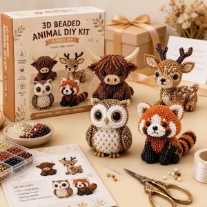 3D-pärldjur DIY-kit, skogsdjurspysselset med höglandsko, hjort, uggla, röd panda, handgjort pärlkonstpaket