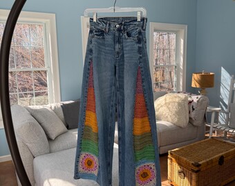 Upcycled Crochet Panel Jeans, Reworked Patchwork Denim, Boho Festival Pants, Sustainable Fashion