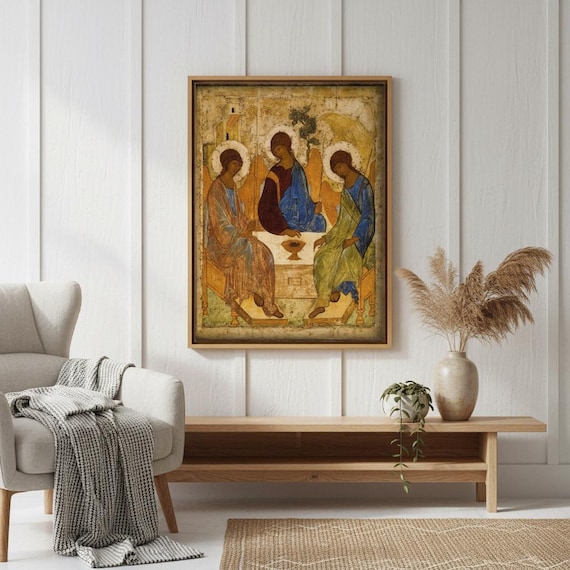 Holy Trinity Icon Wall Art, Orthodox Christian Canvas Print, Sacred Religious Artwork, Byzantine Christian Decor, Spiritual Home Wall Art