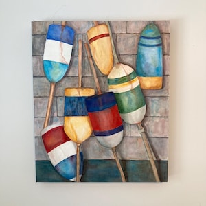 Original Lobster Buoys Watercolor Painting: Nautical Coastal Wall Art (24x20)