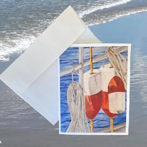 Tarjeta náutica con boyas rojas, tarjeta de felicitación para pescadores de langostas, tarjeta de agradecimiento en rojo, blanco y azul, boyas de langosta de Maine