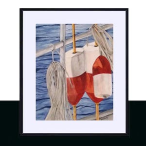 Framed Red Lobster Buoys Watercolor Print: Coastal Cottage Decor