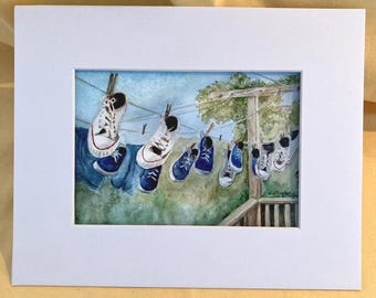 Sneakers on Clothesline Watercolor Print: Nostalgic Laundry Room Art