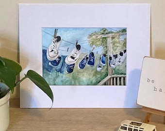 Sneakers on the Line Watercolor Art Print: Laundry Room Decor