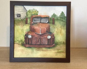 Framed Vintage Ford Truck Watercolor Painting: Rustic Man Cave Art