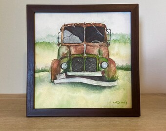 Vintage Dairy Truck Watercolor Painting: Framed Man Cave Wall Art Print