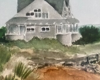 Cape Cod Beach House Watercolor Art Print: Coastal Home Decor (5x7 Matted to 8x10)