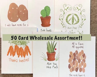 50 Wholesale Greeting Cards with Envelopes, Pun Plant and Veggie Notecards