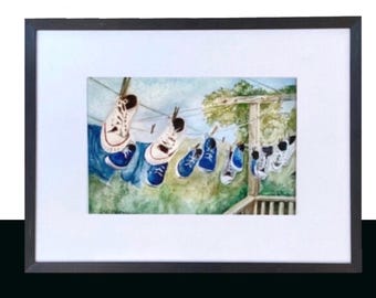 Sneakers on the Line: Framed Watercolor Art Print, Vintage 1960s